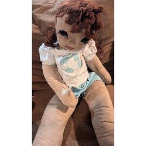 Antique Cloth Doll Early Primitive Waldorf  Embroidered Face 32 inches jointed